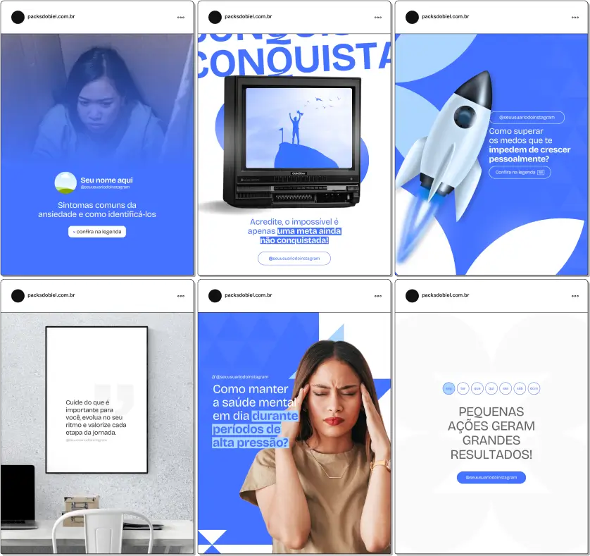 Perfil do Instagram com Artes e Posts Editáveis para Psicologia – Ansiedade e Depressão – Com este kit de posts e artes editáveis no Canva, psicólogos, terapeutas e profissionais de saúde mental podem criar conteúdos prontos para postar em perfis do Instagram e redes sociais. Inclui materiais personalizados abordando temas sobre tratamento da ansiedade, estratégias de enfrentamento da depressão, apoio emocional, autoconhecimento, técnicas terapêuticas e prevenção de crises. Ideal para promover a saúde mental, educar a audiência sobre as condições psicológicas e atrair novos pacientes de forma eficaz e profissional.