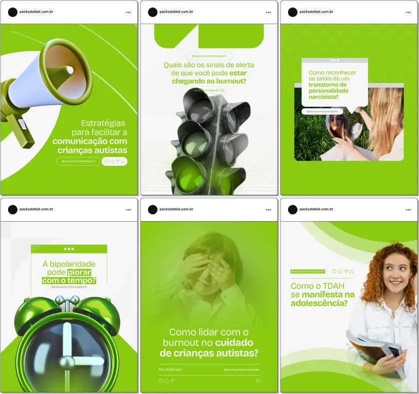 Pack Canva Psicologia e Transtornos – Conteúdos para Profissionais de Saúde Mental – Com este kit de posts e artes editáveis no Canva, psicólogos, terapeutas e profissionais de saúde mental podem criar conteúdos prontos para postar em perfis do Instagram e redes sociais. Inclui materiais personalizados abordando temas sobre transtornos psicológicos, tratamentos, dicas de enfrentamento, apoio emocional, técnicas terapêuticas e estratégias de autocuidado. Ideal para educar a audiência sobre questões relacionadas à saúde mental, promover o bem-estar psicológico e aumentar a presença digital de profissionais da área.