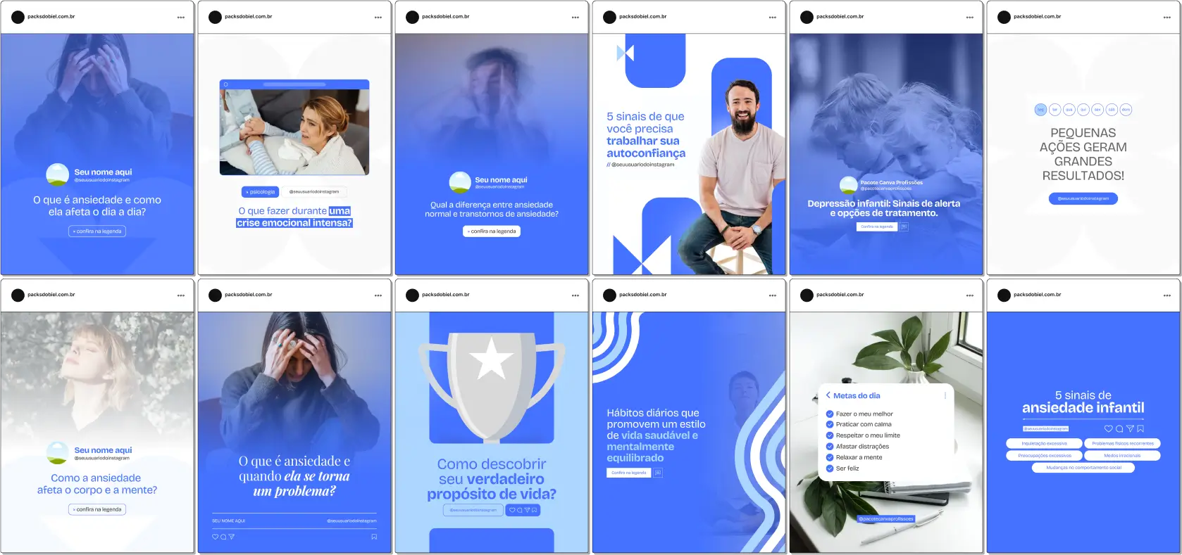 Pack Canva Psicologia Ansiedade e Depressão – Conteúdos para Redes Sociais – Com este kit de posts e artes editáveis no Canva, psicólogos e profissionais de saúde mental podem criar conteúdos prontos para postar em perfis do Instagram e redes sociais. Inclui materiais sobre estratégias de enfrentamento da ansiedade, apoio psicológico, tratamentos para depressão, autoconhecimento, bem-estar emocional, dicas de autoajuda e muito mais. Ideal para educar o público, apoiar pessoas em sofrimento emocional e aumentar a presença digital dos profissionais da área.