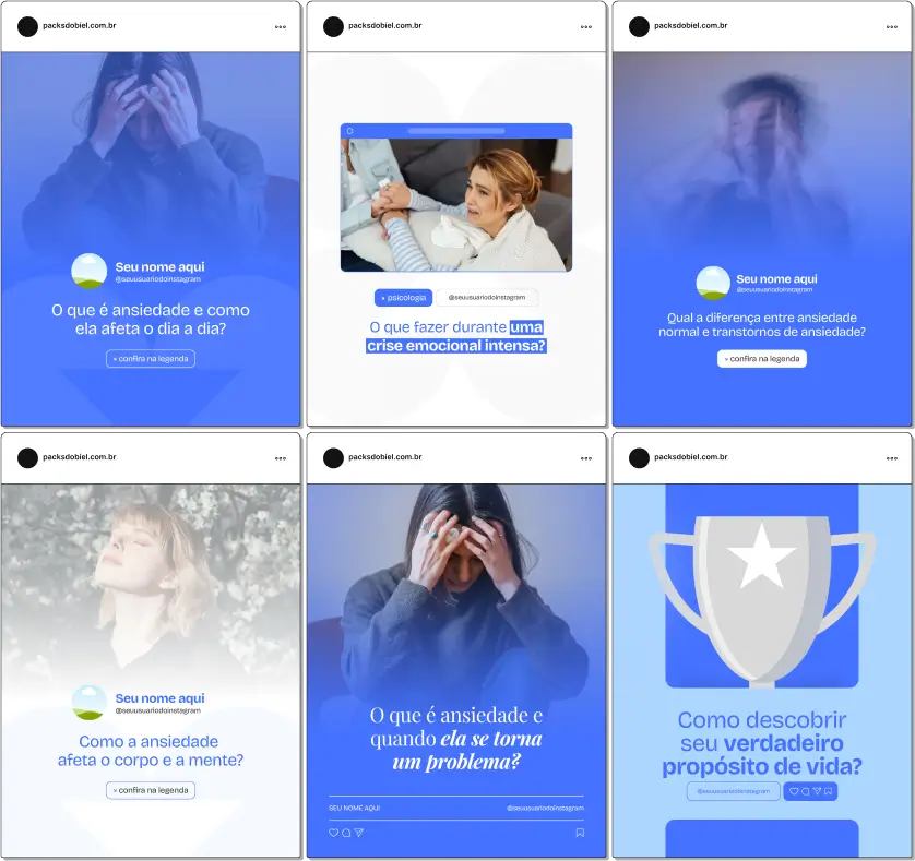 Pack Canva Psicologia Ansiedade e Depressão – Conteúdos para Redes Sociais – Com este kit de posts e artes editáveis no Canva, psicólogos e profissionais de saúde mental podem criar conteúdos prontos para postar em perfis do Instagram e redes sociais. Inclui materiais sobre estratégias de enfrentamento da ansiedade, apoio psicológico, tratamentos para depressão, autoconhecimento, bem-estar emocional, dicas de autoajuda e muito mais. Ideal para educar o público, apoiar pessoas em sofrimento emocional e aumentar a presença digital dos profissionais da área.