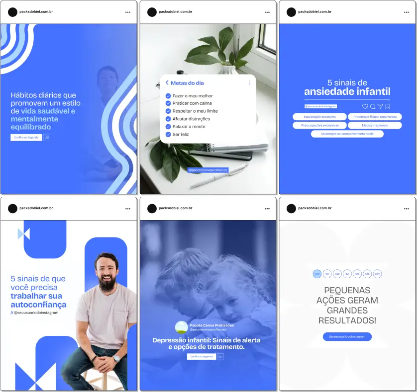 Pack Canva Psicologia Ansiedade e Depressão – Conteúdos para Redes Sociais – Com este kit de posts e artes editáveis no Canva, psicólogos e profissionais de saúde mental podem criar conteúdos prontos para postar em perfis do Instagram e redes sociais. Inclui materiais sobre estratégias de enfrentamento da ansiedade, apoio psicológico, tratamentos para depressão, autoconhecimento, bem-estar emocional, dicas de autoajuda e muito mais. Ideal para educar o público, apoiar pessoas em sofrimento emocional e aumentar a presença digital dos profissionais da área.
