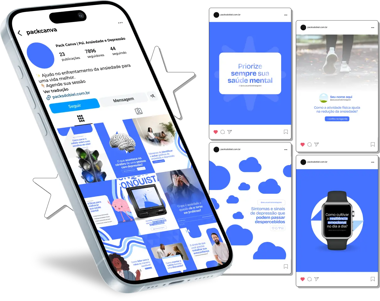 Perfil do Instagram com Artes e Posts Editáveis para Psicologia – Ansiedade e Depressão – Com este kit de posts e artes editáveis no Canva, psicólogos, terapeutas e profissionais de saúde mental podem criar conteúdos prontos para postar em perfis do Instagram e redes sociais. Inclui materiais personalizados abordando temas sobre tratamento da ansiedade, estratégias de enfrentamento da depressão, apoio emocional, autoconhecimento, técnicas terapêuticas e prevenção de crises. Ideal para promover a saúde mental, educar a audiência sobre as condições psicológicas e atrair novos pacientes de forma eficaz e profissional.