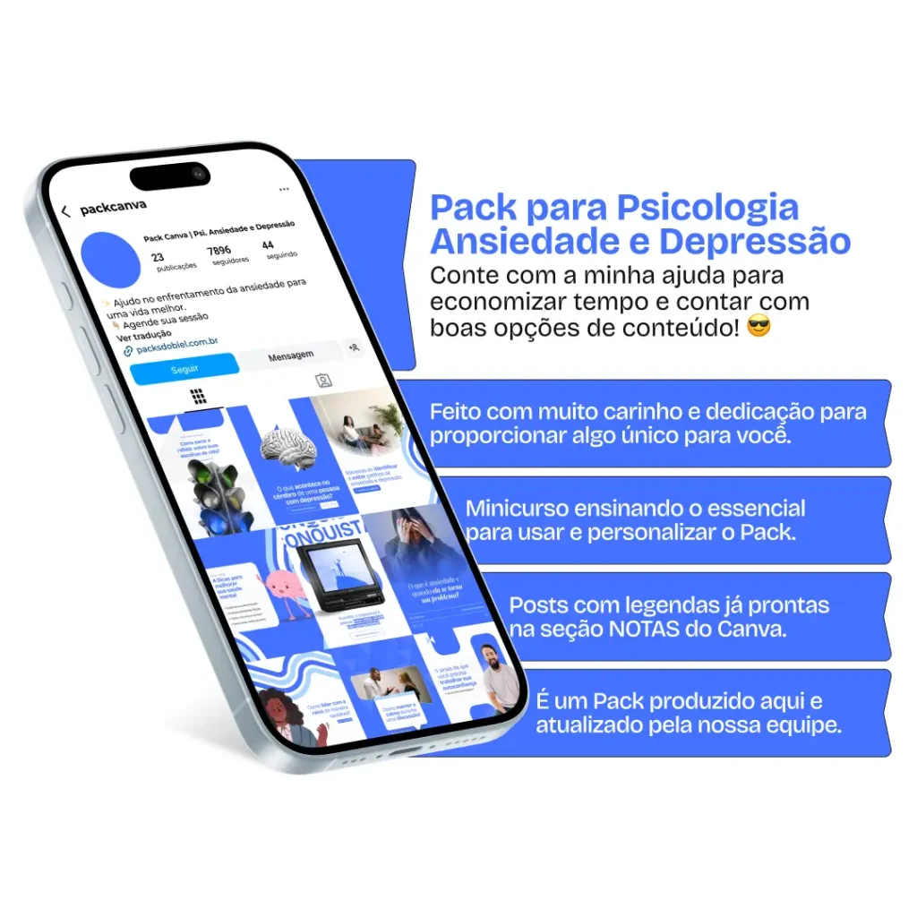 Perfil do Instagram com Artes e Posts Editáveis para Psicologia – Ansiedade e Depressão – Com este kit de posts e artes editáveis no Canva, psicólogos, terapeutas e profissionais de saúde mental podem criar conteúdos prontos para postar em perfis do Instagram e redes sociais. Inclui materiais personalizados abordando temas sobre tratamento da ansiedade, estratégias de enfrentamento da depressão, apoio emocional, autoconhecimento, técnicas terapêuticas e prevenção de crises. Ideal para promover a saúde mental, educar a audiência sobre as condições psicológicas e atrair novos pacientes de forma eficaz e profissional.
