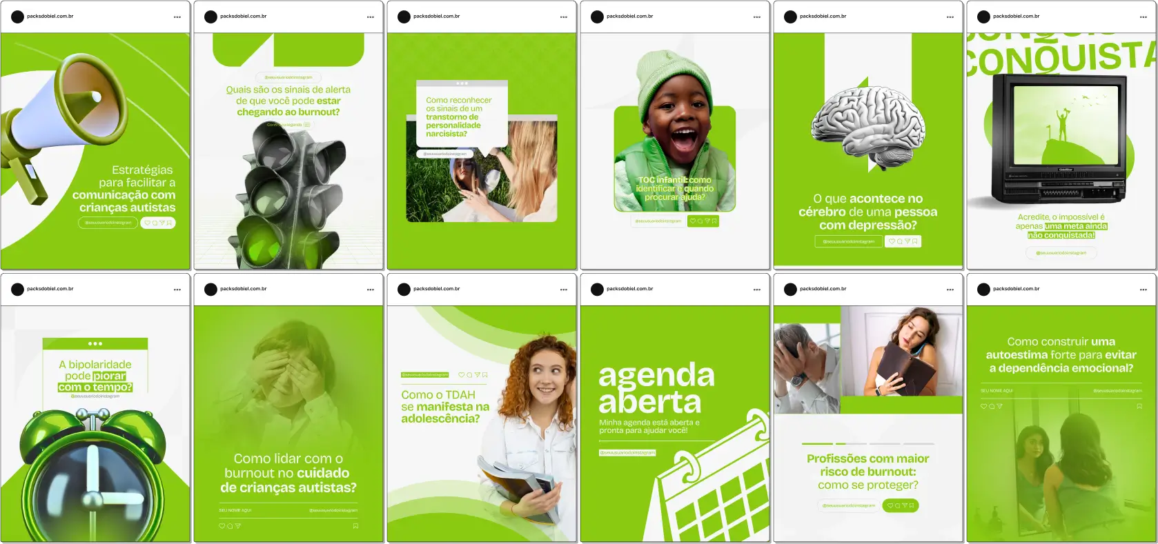 Pack Canva Psicologia e Transtornos – Conteúdos para Profissionais de Saúde Mental – Com este kit de posts e artes editáveis no Canva, psicólogos, terapeutas e profissionais de saúde mental podem criar conteúdos prontos para postar em perfis do Instagram e redes sociais. Inclui materiais personalizados abordando temas sobre transtornos psicológicos, tratamentos, dicas de enfrentamento, apoio emocional, técnicas terapêuticas e estratégias de autocuidado. Ideal para educar a audiência sobre questões relacionadas à saúde mental, promover o bem-estar psicológico e aumentar a presença digital de profissionais da área.