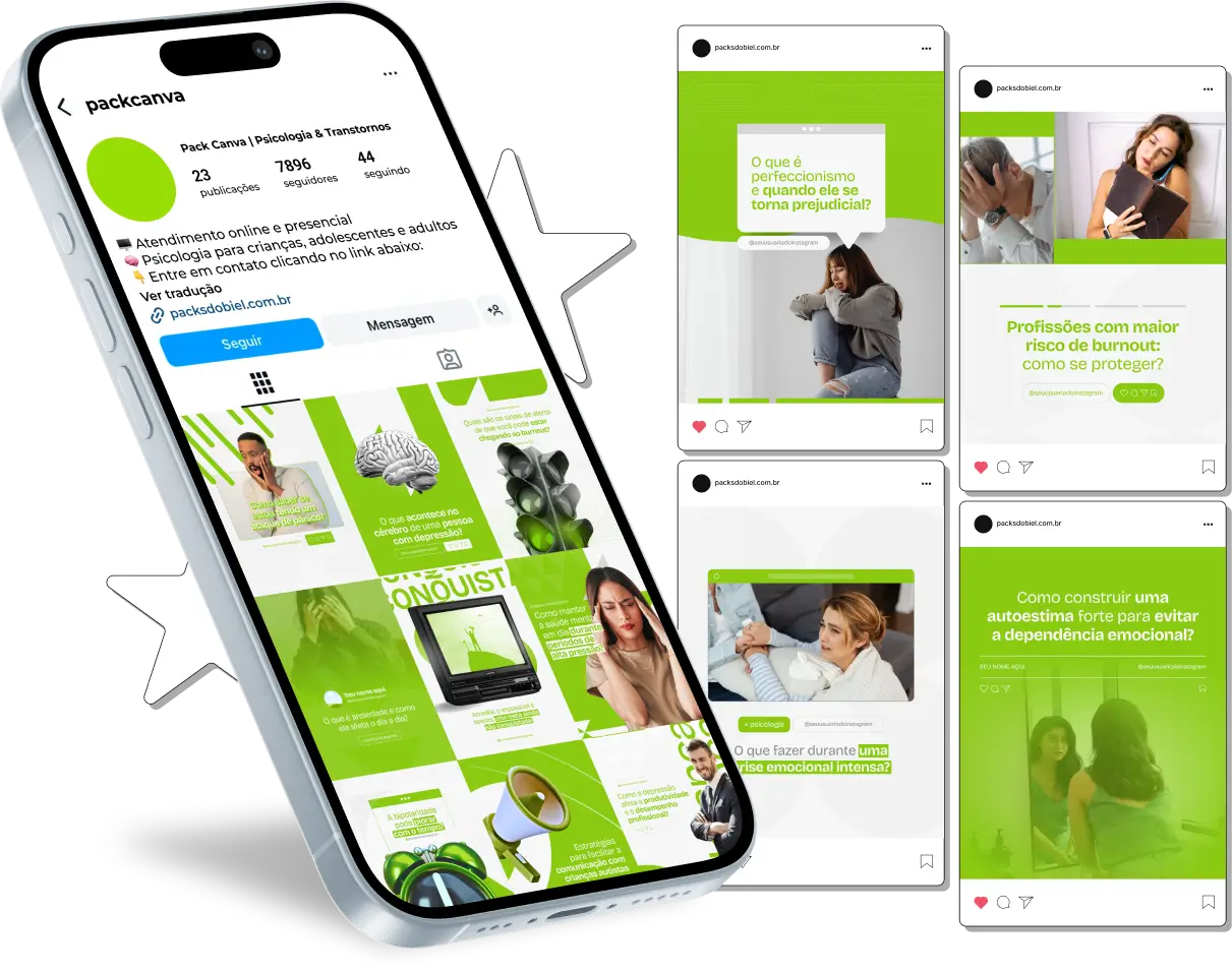 Pack Canva Psicologia e Transtornos – Conteúdos para Profissionais de Saúde Mental – Com este kit de posts e artes editáveis no Canva, psicólogos, terapeutas e profissionais de saúde mental podem criar conteúdos prontos para postar em perfis do Instagram e redes sociais. Inclui materiais personalizados abordando temas sobre transtornos psicológicos, tratamentos, dicas de enfrentamento, apoio emocional, técnicas terapêuticas e estratégias de autocuidado. Ideal para educar a audiência sobre questões relacionadas à saúde mental, promover o bem-estar psicológico e aumentar a presença digital de profissionais da área.