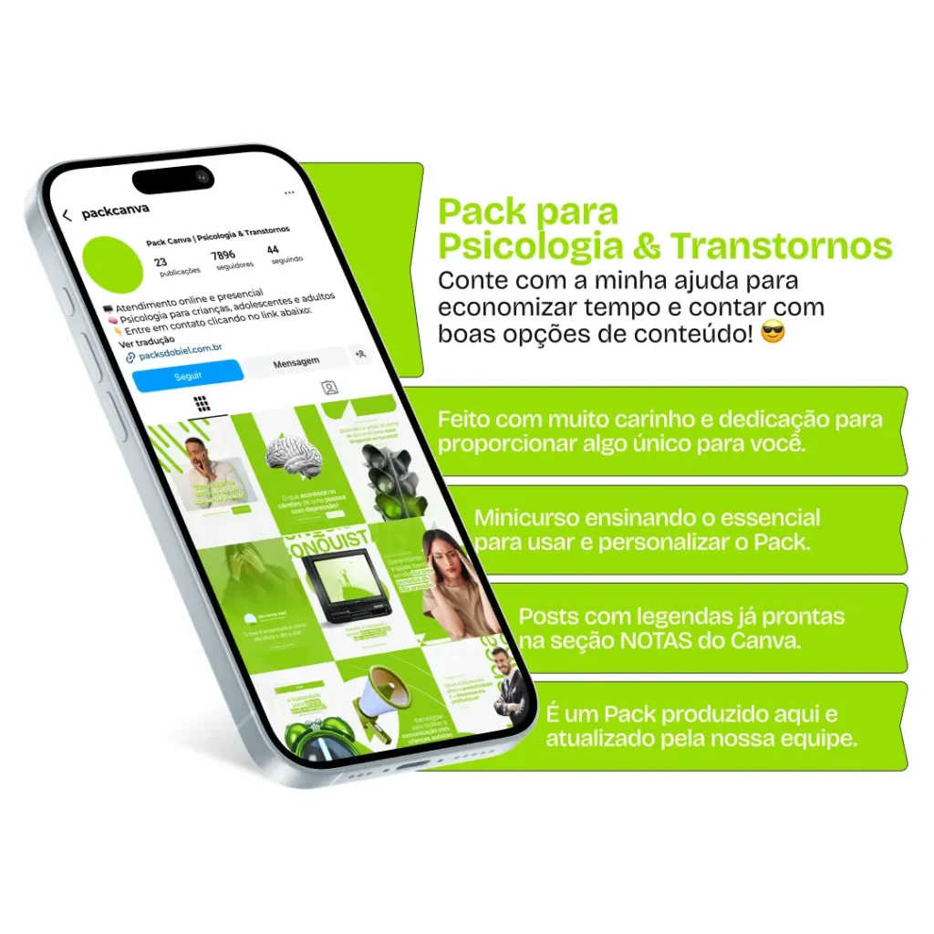 Pack Canva Psicologia e Transtornos – Conteúdos para Profissionais de Saúde Mental – Com este kit de posts e artes editáveis no Canva, psicólogos, terapeutas e profissionais de saúde mental podem criar conteúdos prontos para postar em perfis do Instagram e redes sociais. Inclui materiais personalizados abordando temas sobre transtornos psicológicos, tratamentos, dicas de enfrentamento, apoio emocional, técnicas terapêuticas e estratégias de autocuidado. Ideal para educar a audiência sobre questões relacionadas à saúde mental, promover o bem-estar psicológico e aumentar a presença digital de profissionais da área.