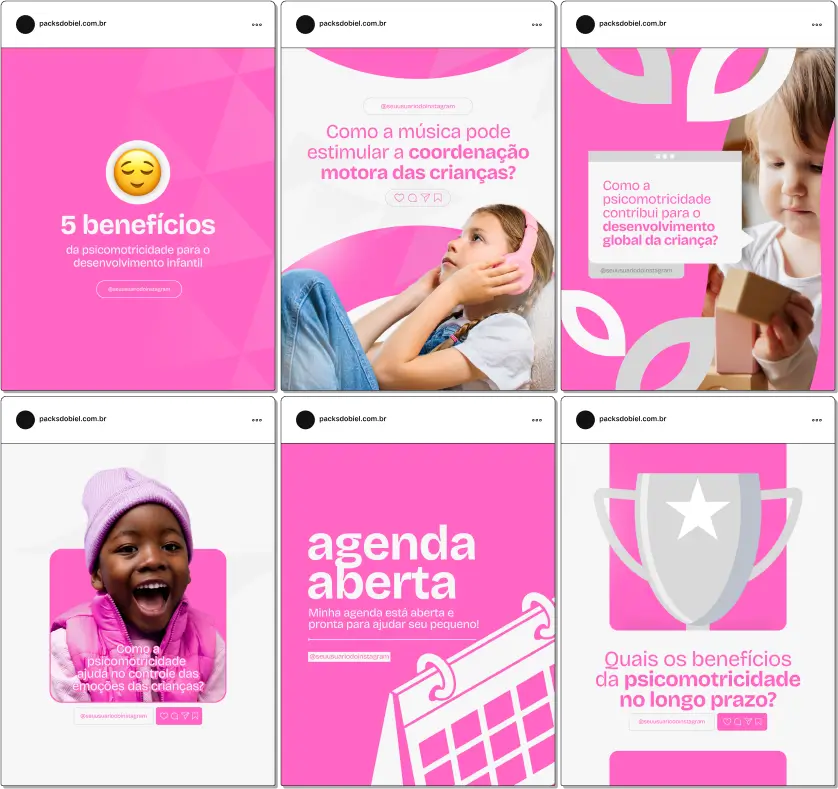 Pack Canva Psicomotricidade – Conteúdos sobre Desenvolvimento Motor e Coordenação – Com este kit de posts e artes editáveis no Canva, psicomotricistas, clínicas especializadas, terapeutas ocupacionais e profissionais da saúde podem criar conteúdos prontos para postar no Instagram e redes sociais. Inclui materiais personalizados com dicas sobre o desenvolvimento motor, coordenação motora, habilidades cognitivas, terapias para crianças e adultos, além de orientações para melhorar a interação e o movimento corporal. Ideal para educar a audiência sobre a importância da psicomotricidade e aumentar a visibilidade profissional nas redes sociais.