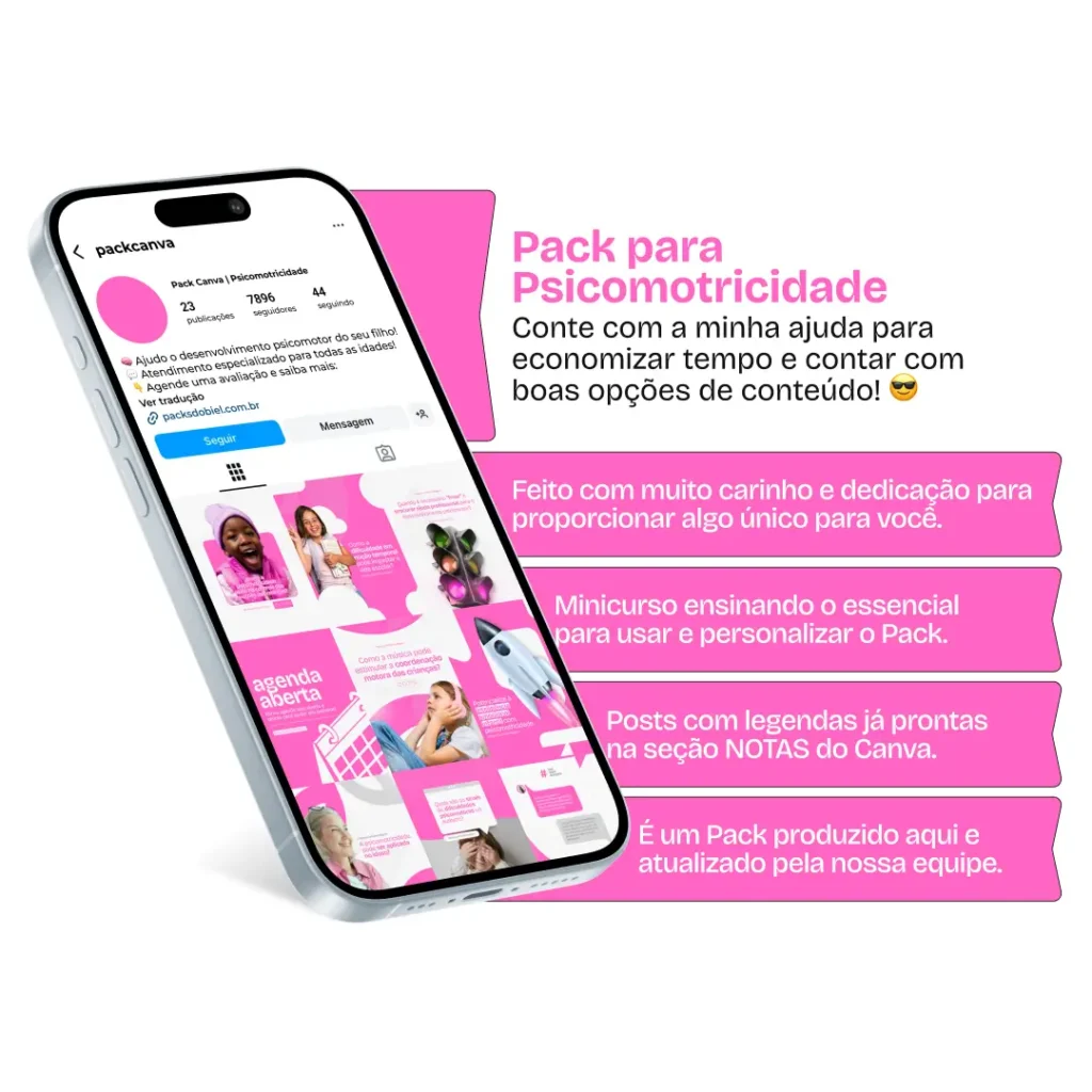 Pack Canva Psicomotricidade – Conteúdos sobre Desenvolvimento Motor e Coordenação – Com este kit de posts e artes editáveis no Canva, psicomotricistas, clínicas especializadas, terapeutas ocupacionais e profissionais da saúde podem criar conteúdos prontos para postar no Instagram e redes sociais. Inclui materiais personalizados com dicas sobre o desenvolvimento motor, coordenação motora, habilidades cognitivas, terapias para crianças e adultos, além de orientações para melhorar a interação e o movimento corporal. Ideal para educar a audiência sobre a importância da psicomotricidade e aumentar a visibilidade profissional nas redes sociais.