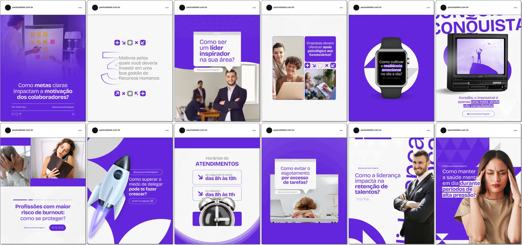 Pack Canva Recursos Humanos – Conteúdos para Redes Sociais – Com este kit de posts e artes editáveis no Canva, profissionais de Recursos Humanos podem compartilhar conteúdos estratégicos e informativos no Instagram e outras redes sociais. Inclui temas como recrutamento, gestão de pessoas, clima organizacional, liderança, desenvolvimento profissional e muito mais. Ideal para fortalecer sua autoridade digital e engajar seu público com materiais visuais atrativos e prontos para uso.
