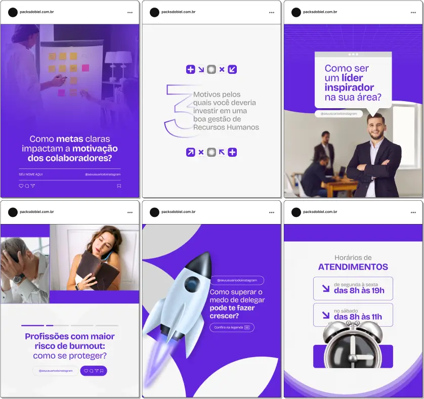 Pack Canva Recursos Humanos – Conteúdos para Redes Sociais – Com este kit de posts e artes editáveis no Canva, profissionais de Recursos Humanos podem compartilhar conteúdos estratégicos e informativos no Instagram e outras redes sociais. Inclui temas como recrutamento, gestão de pessoas, clima organizacional, liderança, desenvolvimento profissional e muito mais. Ideal para fortalecer sua autoridade digital e engajar seu público com materiais visuais atrativos e prontos para uso.