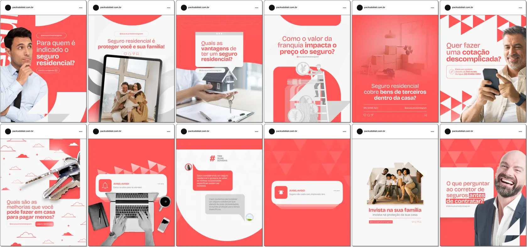 Imagem de amostra do produto Pack Canva com Artes/Posts editáveis para Seguro Residencial e Corretores de Seguro, mostrando uma variedade de conteúdos visuais atrativos para profissionais do mercado de afiliação e marketing digital. Inclui designs de posts, artes e conteúdo estratégico para promover uma imagem profissional e envolvente online. É um produto voltado para movimentar as redes sociais/social media do Instagram desses profissionais.