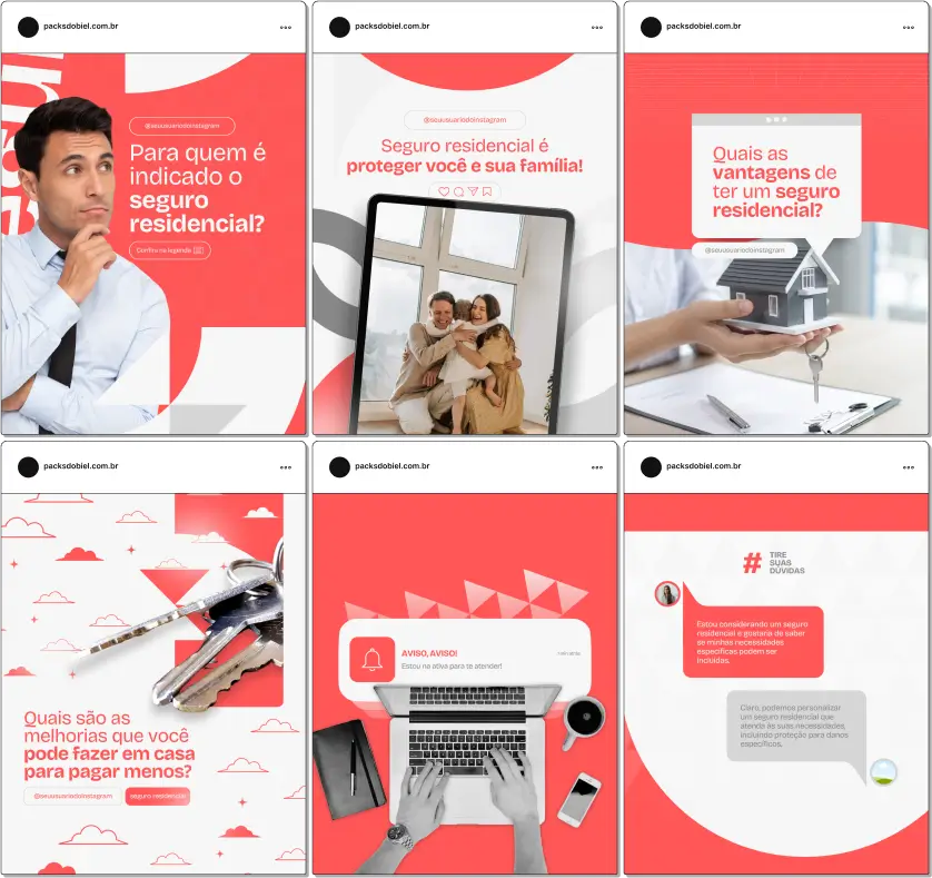 Imagem de amostra do produto Pack Canva com Artes/Posts editáveis para Seguro Residencial e Corretores de Seguro, mostrando uma variedade de conteúdos visuais atrativos para profissionais do mercado de afiliação e marketing digital. Inclui designs de posts, artes e conteúdo estratégico para promover uma imagem profissional e envolvente online. É um produto voltado para movimentar as redes sociais/social media do Instagram desses profissionais.
