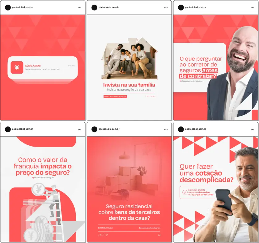 Imagem de amostra do produto Pack Canva com Artes/Posts editáveis para Seguro Residencial e Corretores de Seguro, mostrando uma variedade de conteúdos visuais atrativos para profissionais do mercado de afiliação e marketing digital. Inclui designs de posts, artes e conteúdo estratégico para promover uma imagem profissional e envolvente online. É um produto voltado para movimentar as redes sociais/social media do Instagram desses profissionais.