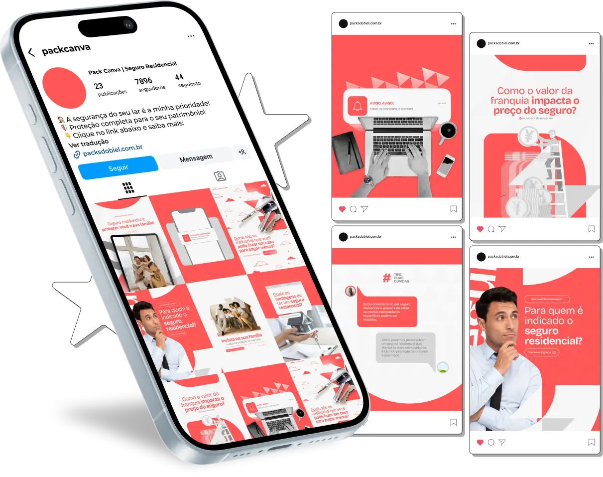 Imagem de amostra do produto Pack Canva com Artes/Posts editáveis para Seguro Residencial e Corretores de Seguro, mostrando uma variedade de conteúdos visuais atrativos para profissionais do mercado de afiliação e marketing digital. Inclui designs de posts, artes e conteúdo estratégico para promover uma imagem profissional e envolvente online. É um produto voltado para movimentar as redes sociais/social media do Instagram desses profissionais.