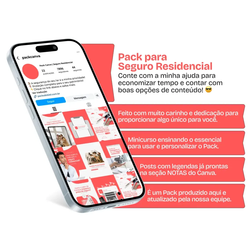 Imagem de amostra do produto Pack Canva com Artes/Posts editáveis para Seguro Residencial e Corretores de Seguro, mostrando uma variedade de conteúdos visuais atrativos para profissionais do mercado de afiliação e marketing digital. Inclui designs de posts, artes e conteúdo estratégico para promover uma imagem profissional e envolvente online. É um produto voltado para movimentar as redes sociais/social media do Instagram desses profissionais.
