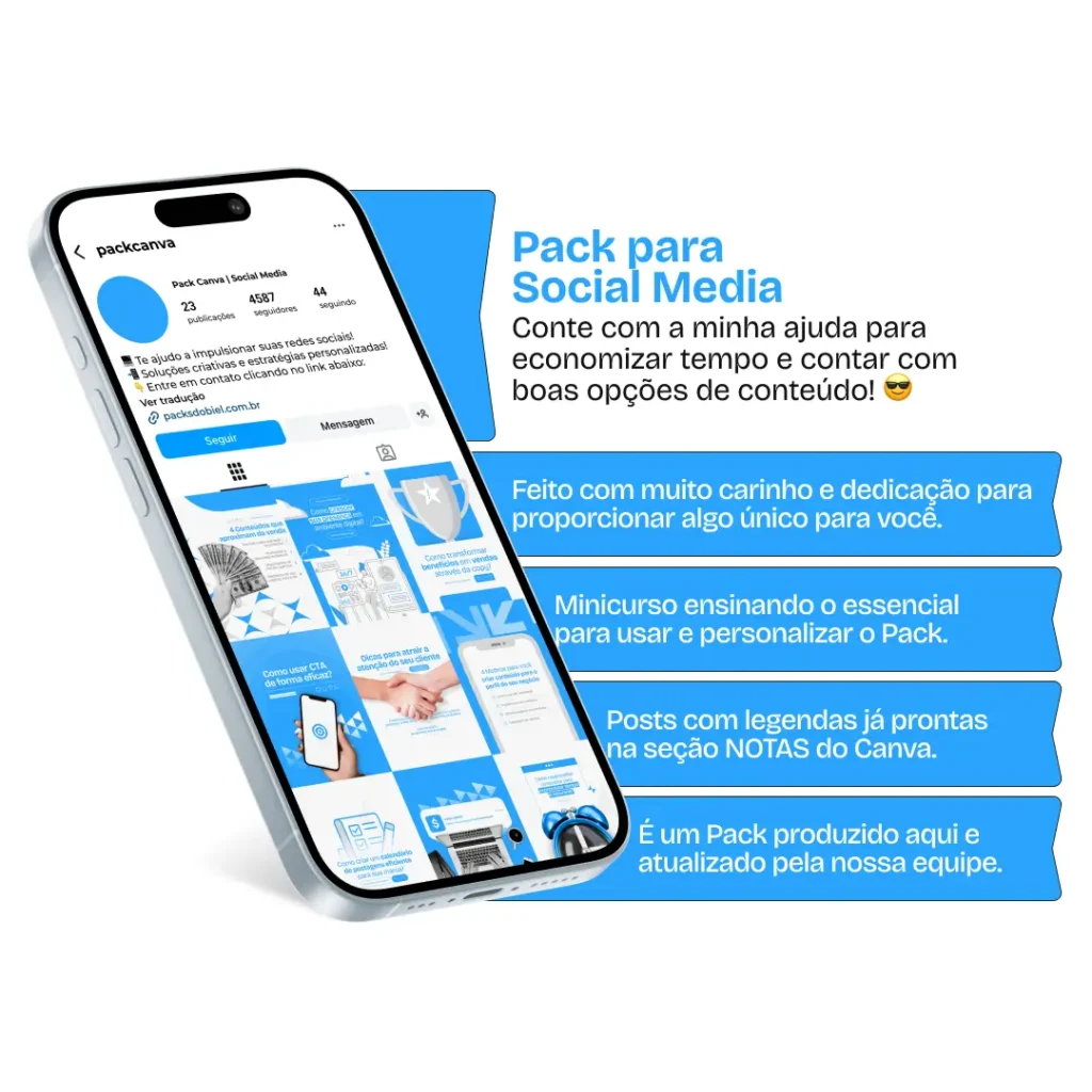 Pack Canva Social Media – Conteúdos para Redes Sociais – Com este kit de posts e artes editáveis no Canva, profissionais de Social Media podem criar conteúdos prontos para postar em perfis do Instagram e redes sociais. Inclui materiais sobre estratégias de marketing digital, gestão de redes sociais, dicas de engajamento, criação de conteúdo, tendências e ferramentas para otimizar o trabalho de Social Media. Ideal para aumentar a presença online e atrair novos clientes, com posts educativos e inspiradores, prontos para personalizar e compartilhar.
