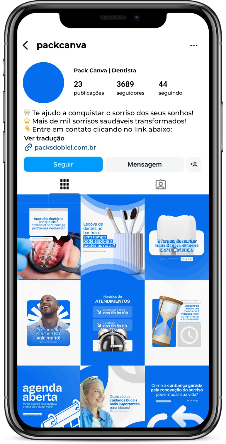 Perfil do Instagram com Artes e Posts Editáveis para Dentistas – Com este kit de posts e artes editáveis no Canva, dentistas e profissionais da odontologia podem criar conteúdos prontos para postar em perfis do Instagram e redes sociais. Inclui materiais sobre cuidados bucais, dicas de higiene, prevenção de cáries, tratamentos odontológicos, ortodontia, estética dental e muito mais. Ideal para fortalecer a presença digital, educar pacientes e atrair novos clientes para o consultório.