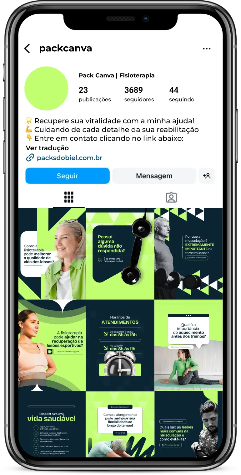 Perfil do Instagram com Artes e Posts Editáveis para Fisioterapia – Com este kit de posts e artes editáveis no Canva, fisioterapeutas e clínicas de fisioterapia podem criar conteúdos prontos para postar em perfis do Instagram e redes sociais. Inclui materiais personalizados sobre prevenção de lesões, reabilitação física, dicas de alongamento, posturas corretas, tratamentos terapêuticos, cuidados pós-cirúrgicos e muito mais. Ideal para educar a audiência sobre saúde física, atrair novos pacientes e aumentar a presença digital de profissionais da fisioterapia.