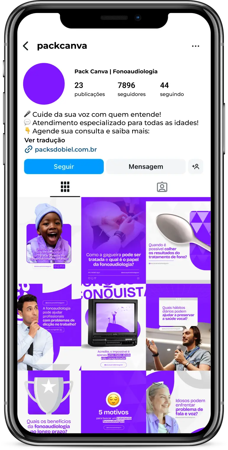 Pack Canva Fonoaudiologia – Comunicação, Saúde Vocal e Desenvolvimento da Fala – Com este kit de posts e artes editáveis no Canva, fonoaudiólogos, clínicas de fonoaudiologia e profissionais da saúde podem criar conteúdos prontos para postar no Instagram e redes sociais. Inclui materiais personalizados sobre desenvolvimento da fala, terapia da linguagem, saúde vocal, reabilitação auditiva, dicas para aprimorar a comunicação e orientações para pais e pacientes. Ideal para fortalecer a presença digital, educar a audiência e atrair novos pacientes de forma estratégica e profissional.