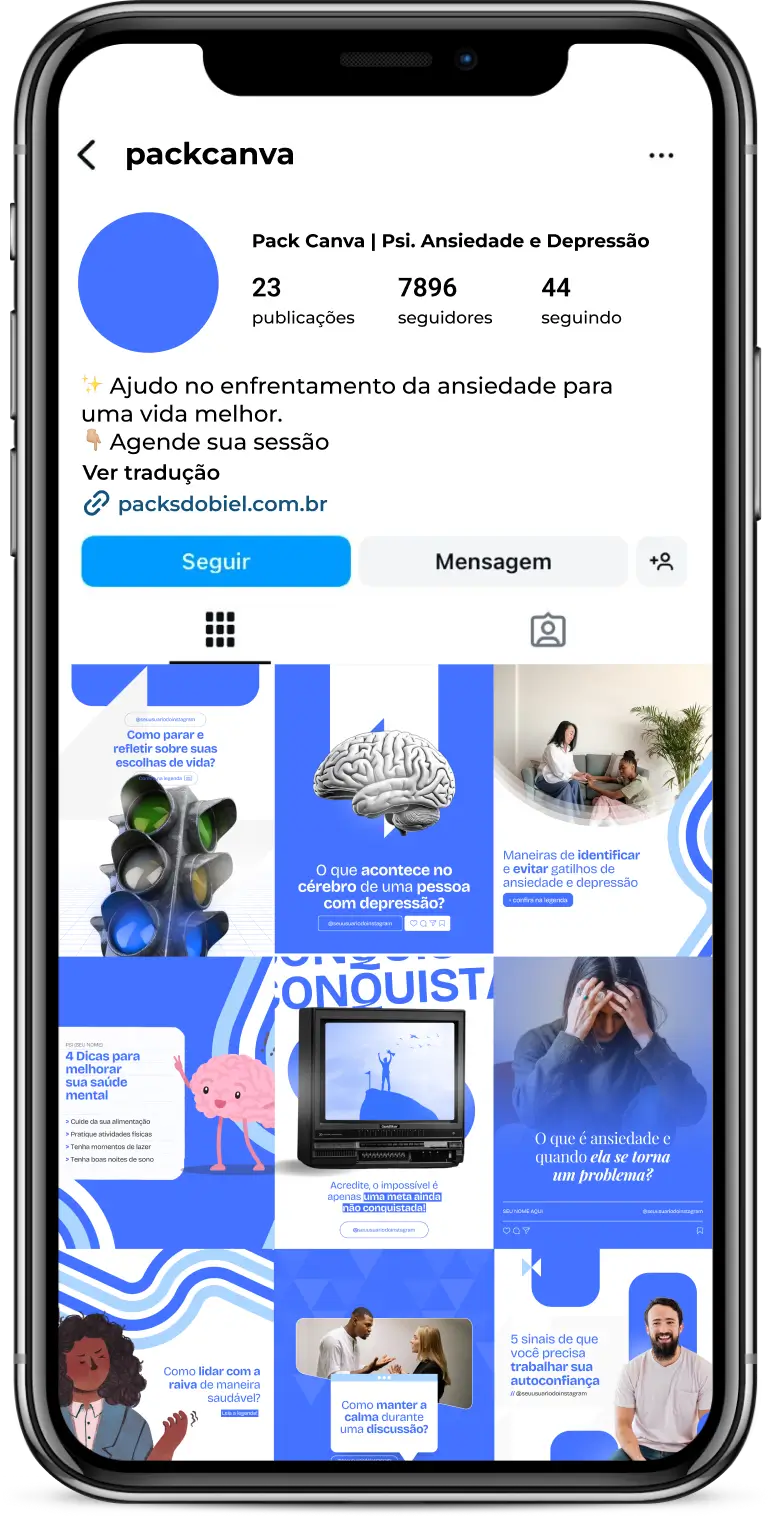 Perfil do Instagram com Artes e Posts Editáveis para Psicologia – Ansiedade e Depressão – Com este kit de posts e artes editáveis no Canva, psicólogos, terapeutas e profissionais de saúde mental podem criar conteúdos prontos para postar em perfis do Instagram e redes sociais. Inclui materiais personalizados abordando temas sobre tratamento da ansiedade, estratégias de enfrentamento da depressão, apoio emocional, autoconhecimento, técnicas terapêuticas e prevenção de crises. Ideal para promover a saúde mental, educar a audiência sobre as condições psicológicas e atrair novos pacientes de forma eficaz e profissional.