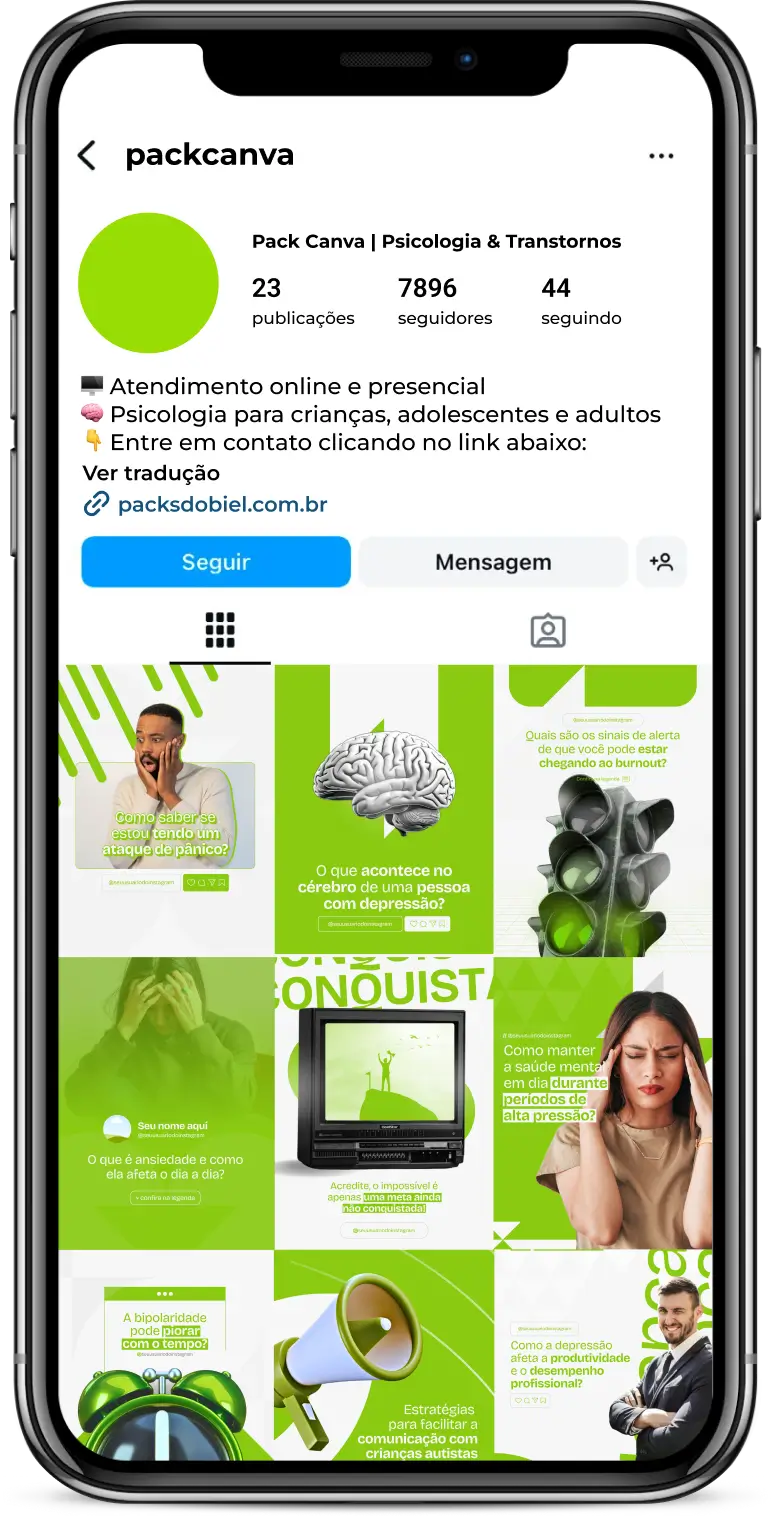 Pack Canva Psicologia e Transtornos – Conteúdos para Profissionais de Saúde Mental – Com este kit de posts e artes editáveis no Canva, psicólogos, terapeutas e profissionais de saúde mental podem criar conteúdos prontos para postar em perfis do Instagram e redes sociais. Inclui materiais personalizados abordando temas sobre transtornos psicológicos, tratamentos, dicas de enfrentamento, apoio emocional, técnicas terapêuticas e estratégias de autocuidado. Ideal para educar a audiência sobre questões relacionadas à saúde mental, promover o bem-estar psicológico e aumentar a presença digital de profissionais da área.