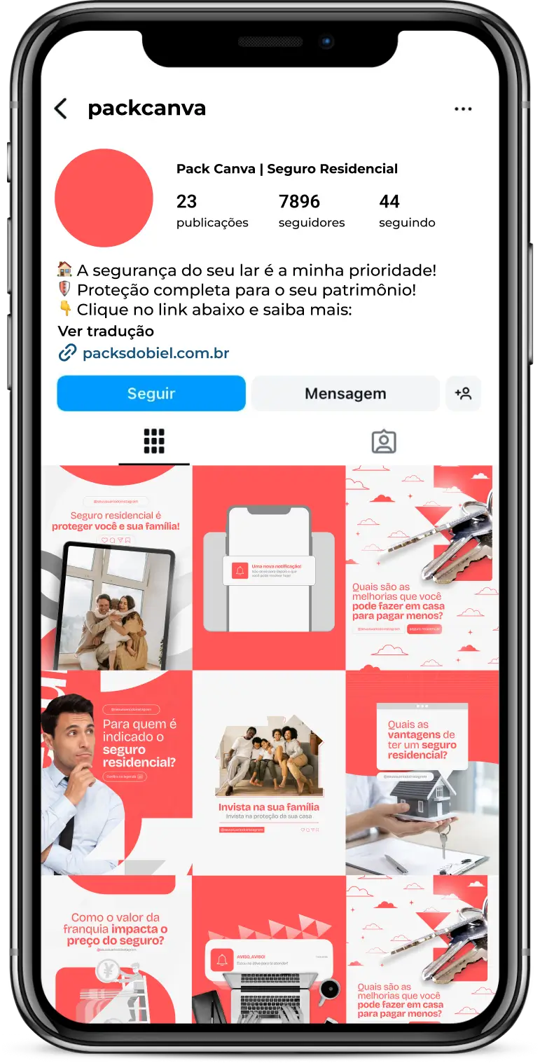 Imagem de amostra do produto Pack Canva com Artes/Posts editáveis para Seguro Residencial e Corretores de Seguro, mostrando uma variedade de conteúdos visuais atrativos para profissionais do mercado de afiliação e marketing digital. Inclui designs de posts, artes e conteúdo estratégico para promover uma imagem profissional e envolvente online. É um produto voltado para movimentar as redes sociais/social media do Instagram desses profissionais.