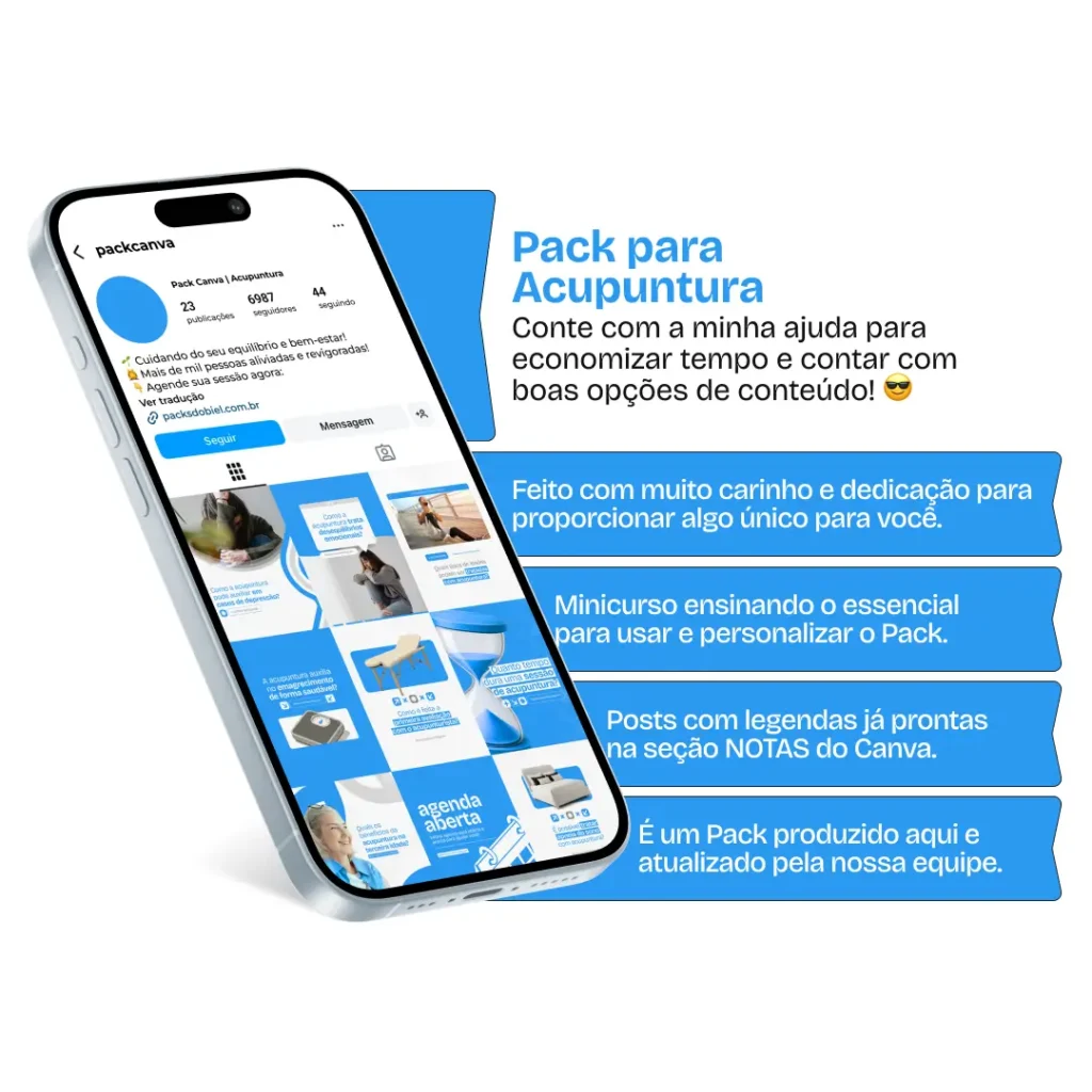 Pack Canva Acupuntura – Material completo com artes e textos prontos para especialistas em acupuntura que querem fortalecer sua presença digital. Inclui postagens sobre meridianos, pontos energéticos, dores crônicas, saúde integrativa e técnicas tradicionais, proporcionando constância e valor nas redes sociais com identidade profissional.