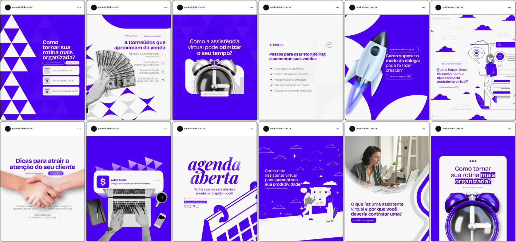 Pack Canva Assistente Virtual 2.0 – Kit com posts e artes editáveis para Instagram e redes sociais. Compartilhe conteúdos sobre gestão de tarefas, produtividade, serviços de assistente virtual, otimização de processos e dicas para empreendedores. Personalize facilmente e atraia clientes com soluções práticas para o dia a dia.