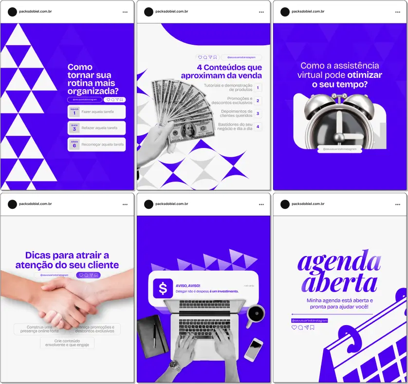 Pack Canva Assistente Virtual 2.0 – Kit com posts e artes editáveis para Instagram e redes sociais. Compartilhe conteúdos sobre gestão de tarefas, produtividade, serviços de assistente virtual, otimização de processos e dicas para empreendedores. Personalize facilmente e atraia clientes com soluções práticas para o dia a dia.