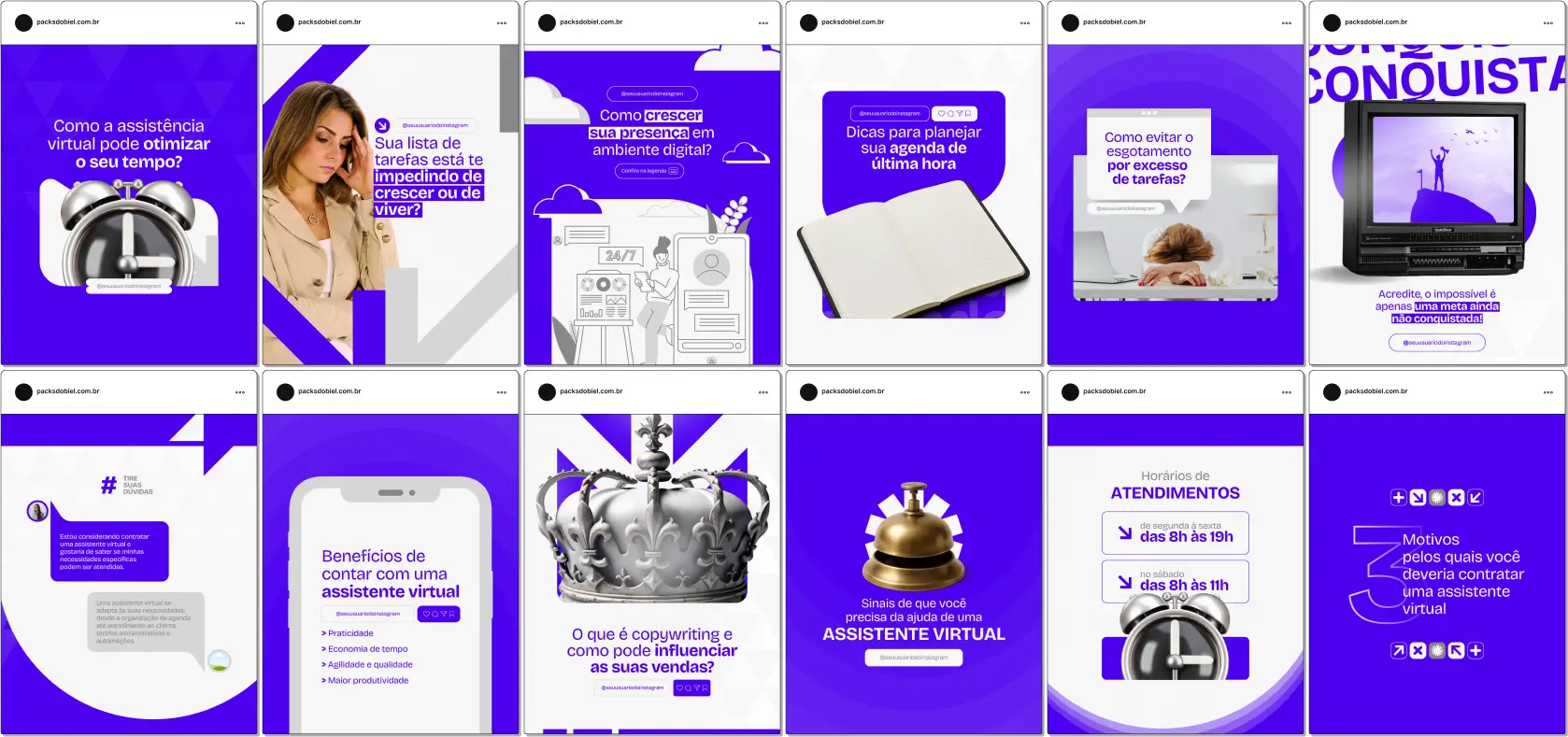 Mostre tudo o que uma assistente virtual pode fazer com um kit de conteúdo pronto para o Instagram. Com este pack, você explica seus serviços, posiciona sua autoridade, quebra objeções dos seguidores e atrai clientes que valorizam seu tempo e profissionalismo. Posts 100% personalizáveis no Canva.