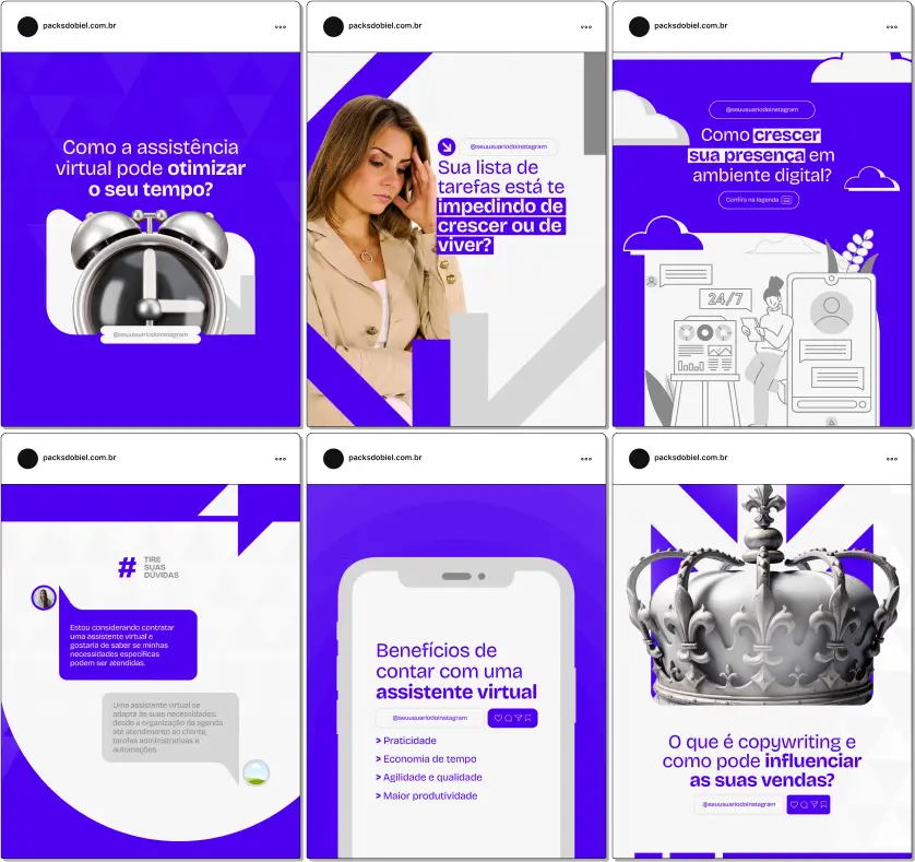 Pack Canva Assistente Virtual 2.0 – Posts editáveis para assistentes virtuais. Publique dicas de organização, automação de tarefas, gestão de tempo, serviços de apoio remoto e soluções empresariais. Aumente sua presença online e conquiste mais clientes com conteúdos prontos para Instagram e redes sociais.