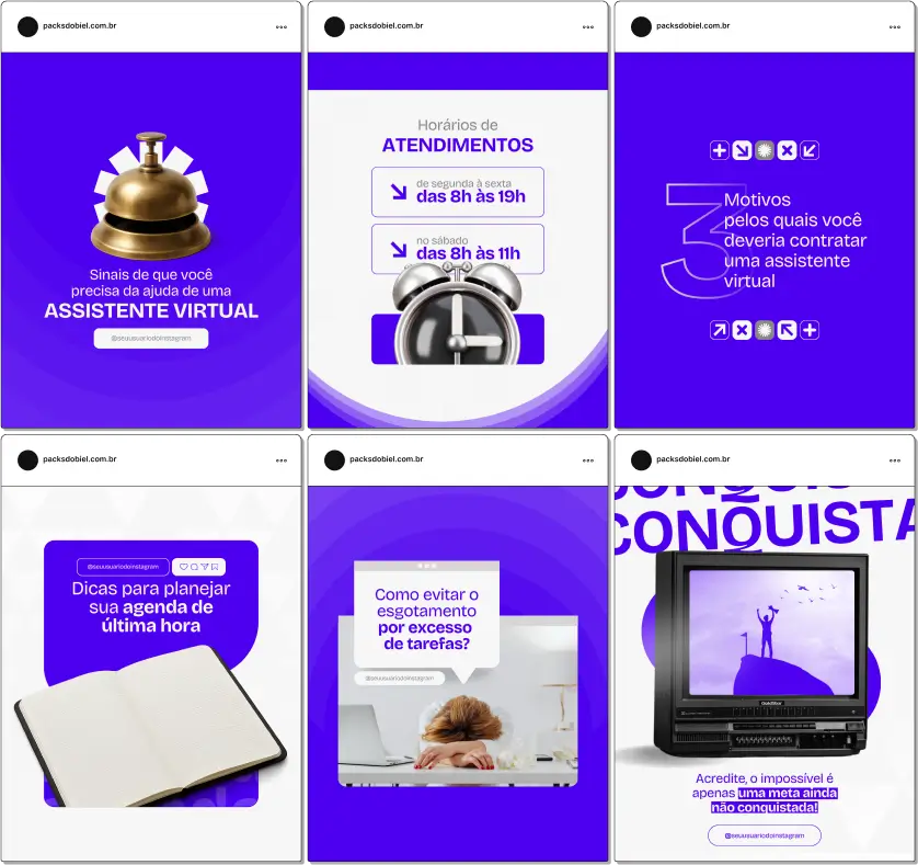 Pack Canva Assistente Virtual 2.0 – Kit com posts e artes editáveis para Instagram e redes sociais. Compartilhe conteúdos sobre gestão de tarefas, produtividade, serviços de assistente virtual, otimização de processos e dicas para empreendedores. Personalize facilmente e atraia clientes com soluções práticas para o dia a dia.