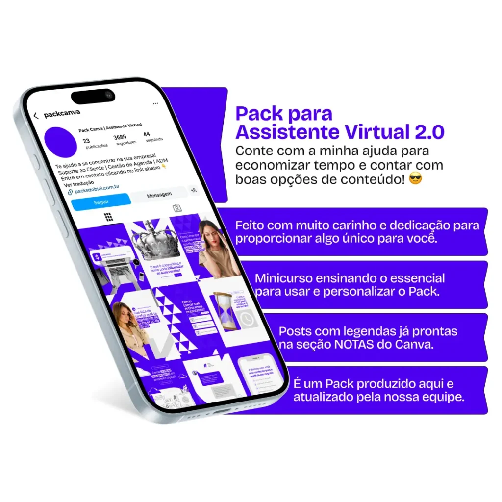 Com este Pack Canva para Assistente Virtual, você comunica o valor do seu trabalho com facilidade. Os conteúdos abordam temas como gestão de tempo, atendimento ao cliente, organização digital, produtividade e presença online. Tudo pensado para aumentar sua visibilidade e conquistar mais contratos!