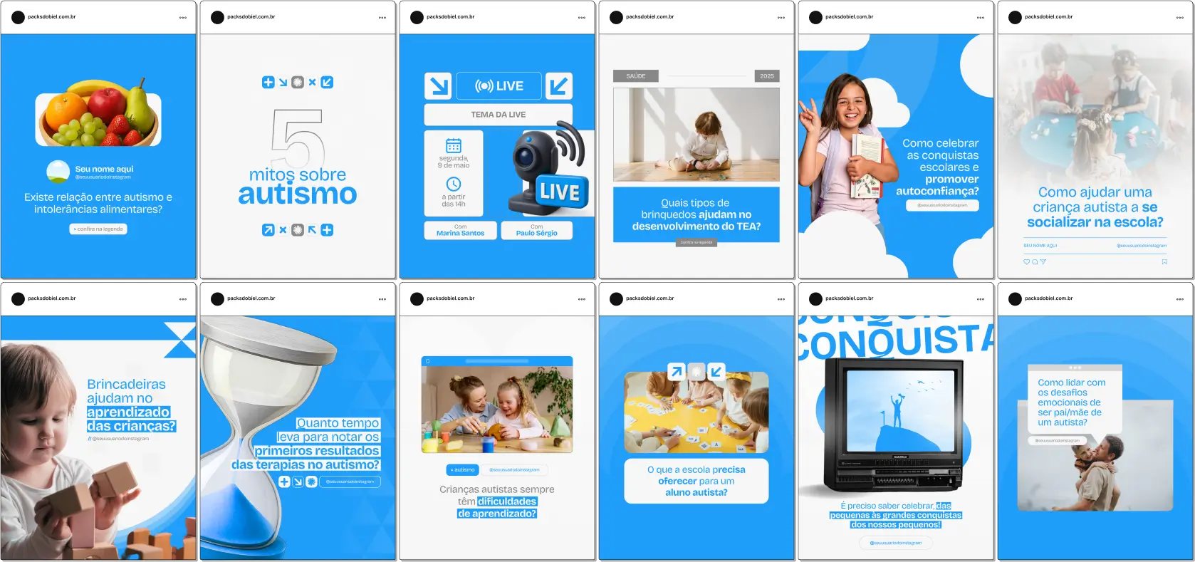 Pack Canva Autismo – Kit completo com posts e artes editáveis para perfis de profissionais que atuam no apoio a pessoas com autismo. Com conteúdos educativos sobre espectro autista, desenvolvimento social e emocional, estratégias de inclusão, e técnicas terapêuticas, é ideal para sensibilizar e engajar o público no Instagram e outras redes sociais.
