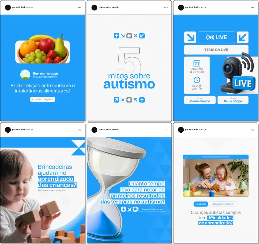 Pack Canva Autismo – Kit completo com posts e artes editáveis para perfis de profissionais que atuam no apoio a pessoas com autismo. Com conteúdos educativos sobre espectro autista, desenvolvimento social e emocional, estratégias de inclusão, e técnicas terapêuticas, é ideal para sensibilizar e engajar o público no Instagram e outras redes sociais.