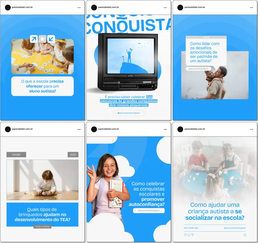 Pack Canva Autismo – Kit de posts criativos e informativos para especialistas em autismo. Este conjunto de artes editáveis abrange tópicos como diagnóstico, sinais de autismo, intervenções eficazes e dicas para pais e educadores, ajudando a criar um perfil de apoio e conscientização nas redes sociais.