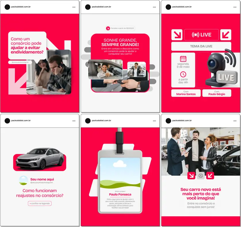 Pack Canva Consórcio de Carros – Kit de posts criativos e informativos para quem trabalha com consórcios. Este conjunto de artes editáveis cobre temas como planejamento financeiro para consórcio, benefícios de escolher consórcio ao invés de financiamento, como adquirir seu carro com consórcio, e muito mais, ideal para atrair clientes no Instagram e outras redes sociais.