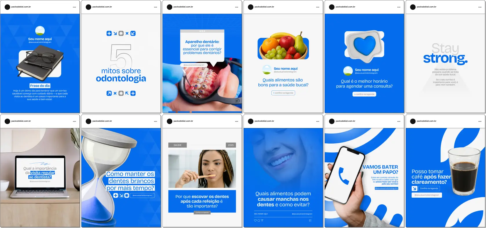 Pack Canva Dentista – Kit completo com artes profissionais e textos estratégicos prontos para editar e publicar, ideal para dentistas que desejam fortalecer sua presença no Instagram. Inclui conteúdos sobre higiene bucal, tratamentos odontológicos, estética dental e dicas de prevenção, com design moderno e visual atrativo.