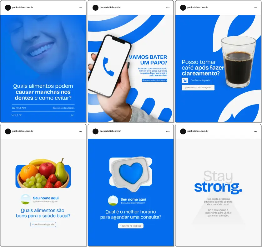 Pack Canva Dentista – Conjunto de posts editáveis voltado para clínicas e consultórios odontológicos, com materiais sobre clareamento, ortodontia, saúde bucal infantil, cuidados pós-tratamento e curiosidades, otimizando seu marketing digital com conteúdo informativo e persuasivo para redes sociais.