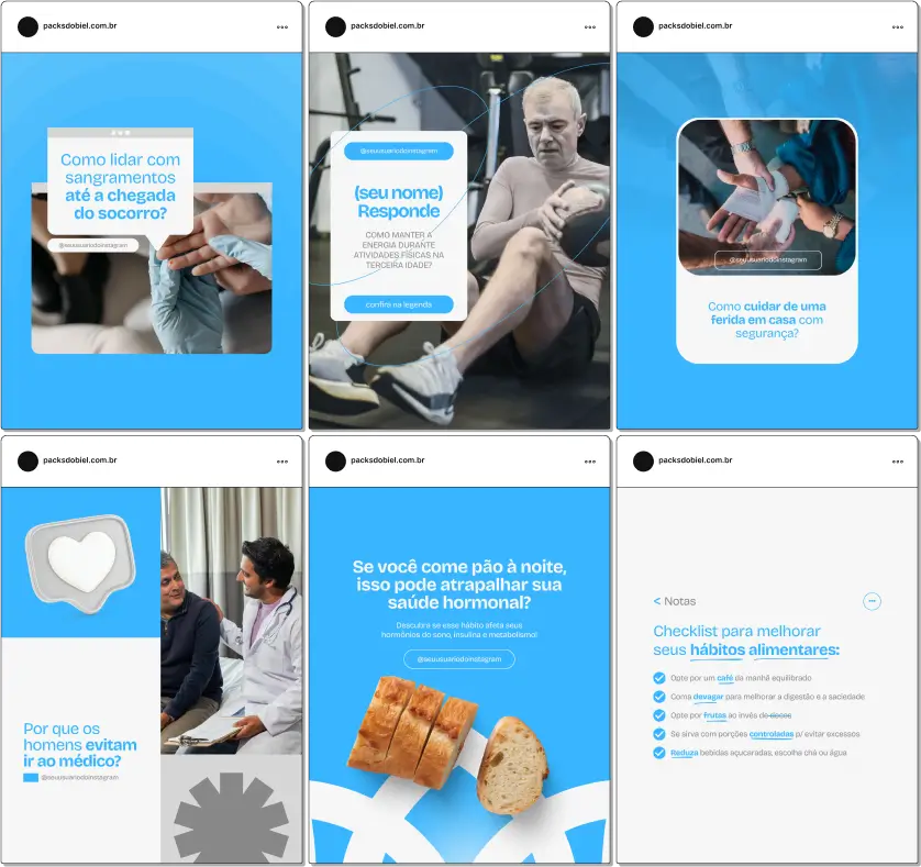 Pack Canva Enfermagem – Kit com posts e artes editáveis, pronto para perfis de profissionais de enfermagem que desejam atrair pacientes, informar a população e valorizar a atuação na área da saúde. Inclui conteúdos sobre cuidados, prevenção, rotina hospitalar, humanização e dicas de bem-estar. Ideal para quem quer autoridade e constância no Instagram.