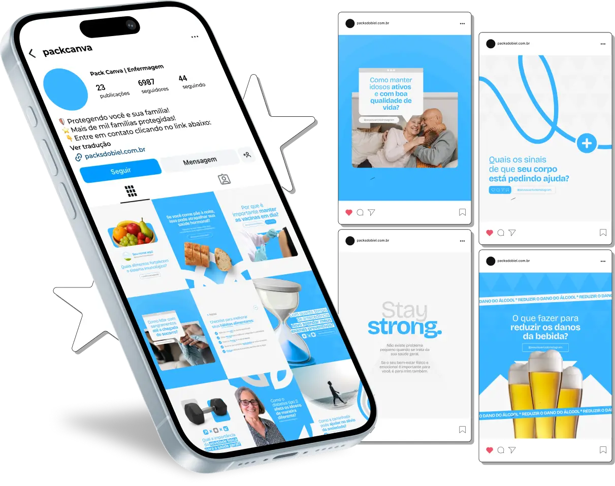 Pack Canva Enfermagem – Kit completo com conteúdos visuais e textos prontos para enfermeiros(as) e estudantes que querem manter um perfil profissional, educativo e atrativo nas redes sociais. Com temas sobre atenção primária, enfermagem clínica, saúde pública e orientações ao paciente, é perfeito para criar presença online com qualidade e consistência.