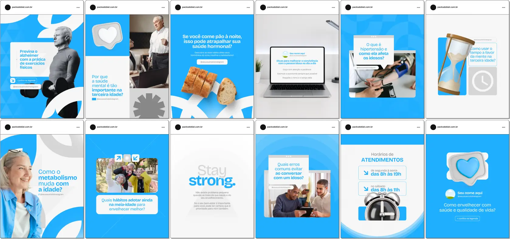 Pack Canva Geriatria – Artes e posts editáveis para perfis no Instagram voltados à geriatria. Publique conteúdos sobre saúde do idoso, manejo de comorbidades, acompanhamento multidisciplinar, dicas de qualidade de vida e suporte à família. Eleve a presença online com conteúdos profissionais e informativos.