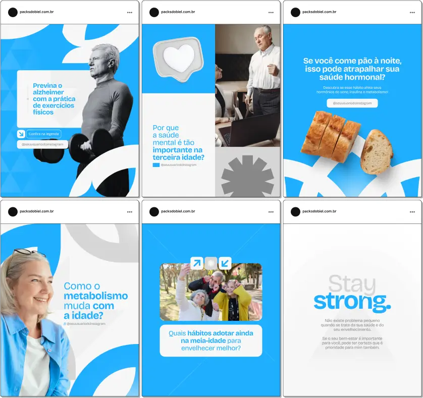 Pack Canva Geriatria – Artes e posts editáveis para perfis no Instagram voltados à geriatria. Publique conteúdos sobre saúde do idoso, manejo de comorbidades, acompanhamento multidisciplinar, dicas de qualidade de vida e suporte à família. Eleve a presença online com conteúdos profissionais e informativos.