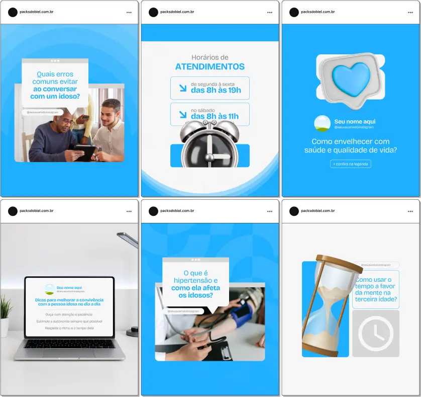 Pack Canva Geriatria – Artes e posts editáveis para perfis no Instagram voltados à geriatria. Publique conteúdos sobre saúde do idoso, manejo de comorbidades, acompanhamento multidisciplinar, dicas de qualidade de vida e suporte à família. Eleve a presença online com conteúdos profissionais e informativos.