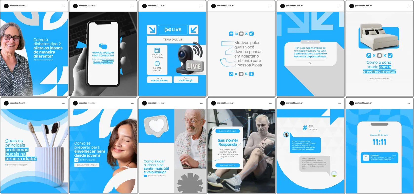 Pack Canva Geriatria – Kit com posts e artes editáveis para Instagram e redes sociais, ideal para médicos geriatras, clínicas e profissionais da saúde que atuam com cuidados médicos para idosos. Compartilhe conteúdos sobre envelhecimento saudável, prevenção de doenças, rotinas de cuidados e bem-estar na terceira idade.