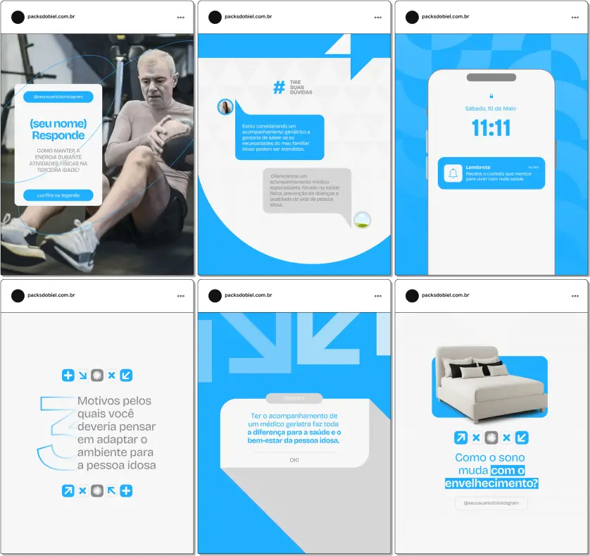 Pack Canva Geriatria – Artes e posts editáveis para perfis no Instagram voltados à geriatria. Publique conteúdos sobre saúde do idoso, manejo de comorbidades, acompanhamento multidisciplinar, dicas de qualidade de vida e suporte à família. Eleve a presença online com conteúdos profissionais e informativos.