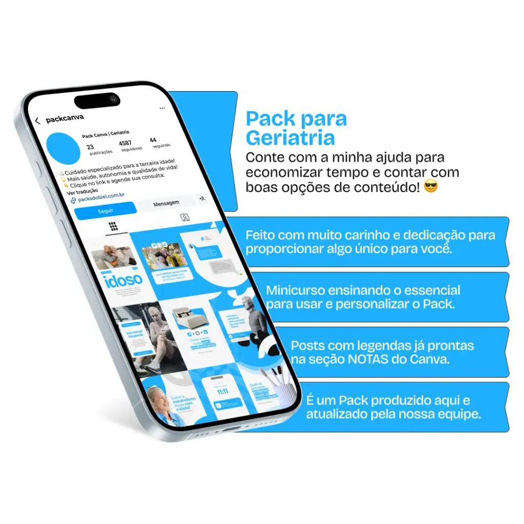 Pack Canva Geriatria – Kit com posts e artes editáveis para Instagram e redes sociais, ideal para médicos geriatras, clínicas e profissionais da saúde que atuam com cuidados médicos para idosos. Compartilhe conteúdos sobre envelhecimento saudável, prevenção de doenças, rotinas de cuidados e bem-estar na terceira idade.