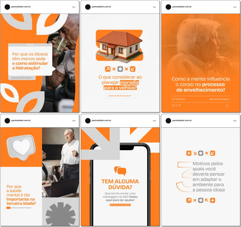 Pack Canva Gerontologia – Kit com posts e artes editáveis para Instagram e redes sociais, ideal para profissionais que atuam com envelhecimento saudável, cuidados com a pessoa idosa, qualidade de vida na terceira idade e suporte familiar. Personalize com facilidade e fortaleça sua autoridade digital.