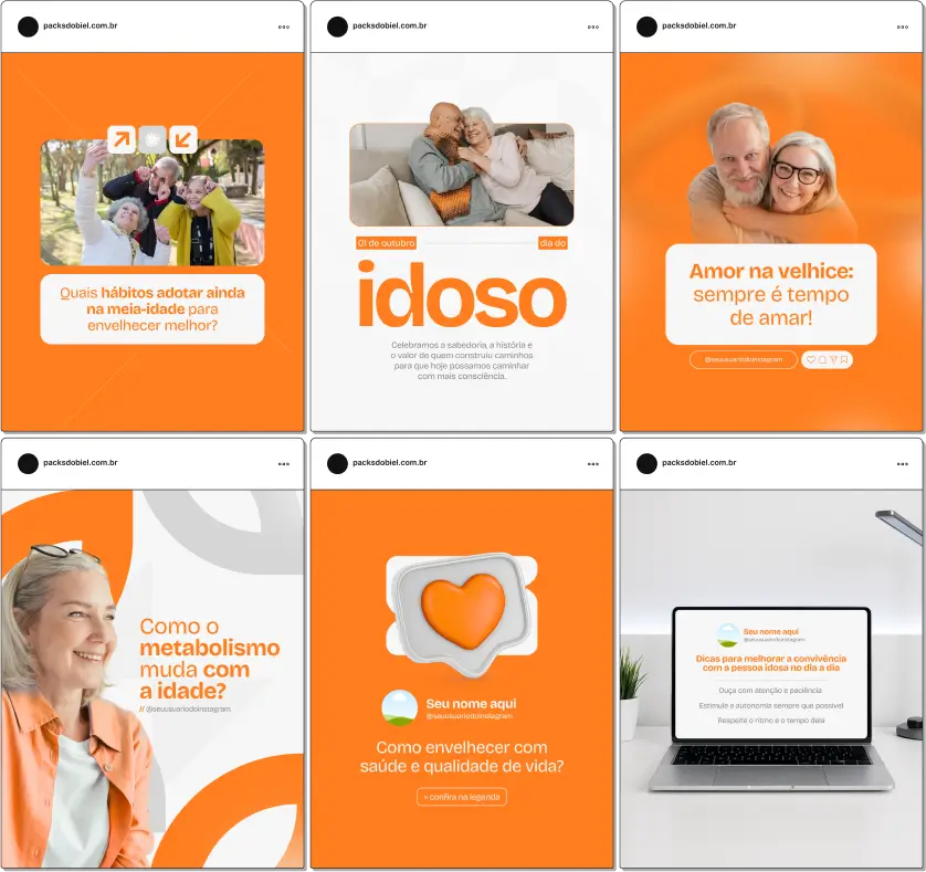 Pack Canva Gerontologia – Kit com posts e artes editáveis para Instagram e redes sociais, ideal para profissionais que atuam com envelhecimento saudável, cuidados com a pessoa idosa, qualidade de vida na terceira idade e suporte familiar. Personalize com facilidade e fortaleça sua autoridade digital.