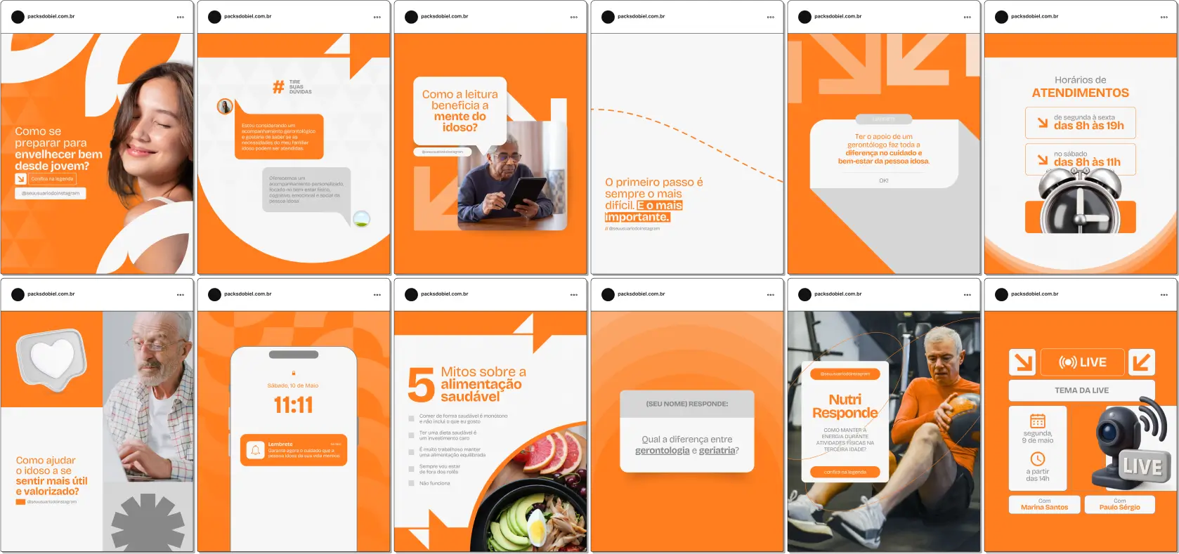 Pack Canva Gerontologia – Kit com posts e artes editáveis para Instagram e redes sociais, ideal para profissionais que atuam com envelhecimento saudável, cuidados com a pessoa idosa, qualidade de vida na terceira idade e suporte familiar. Personalize com facilidade e fortaleça sua autoridade digital.